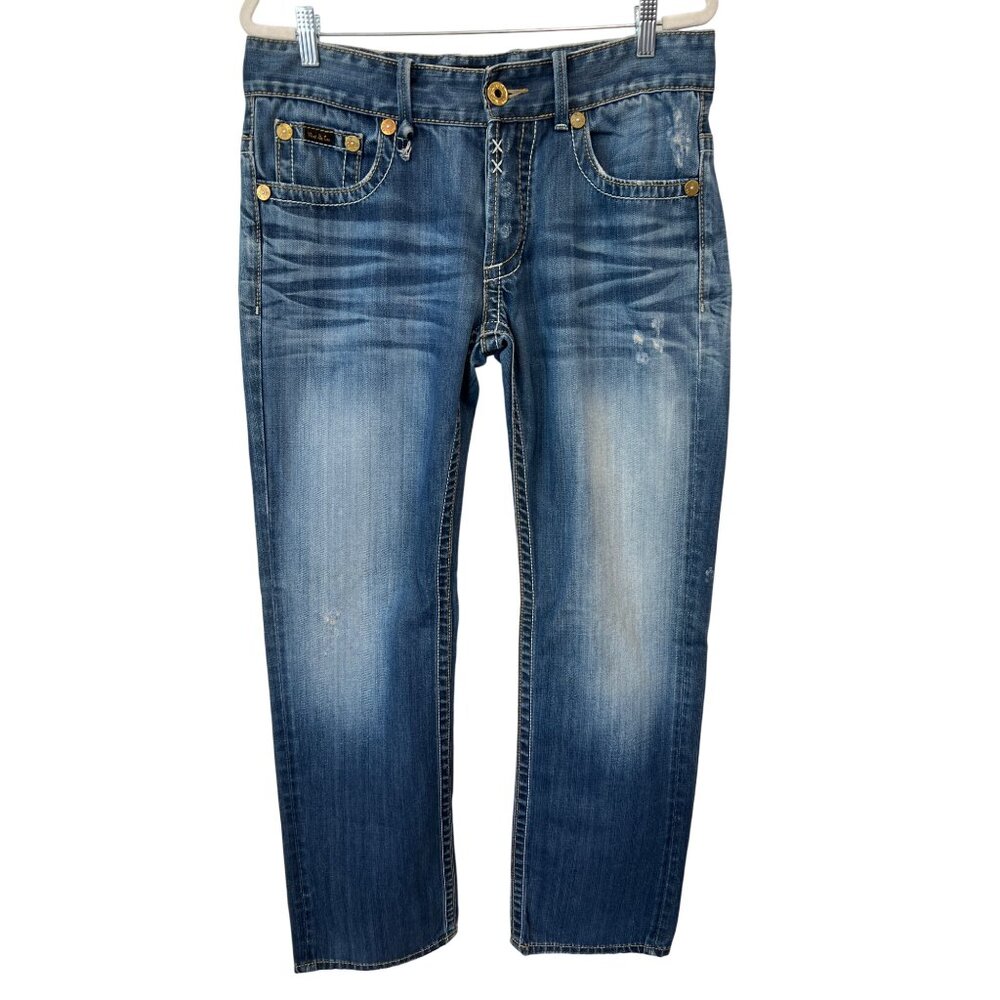 Rivet De Cru Jeans Size 33 Straight Leg Denim Blue Medium Wash Distressed Cotton